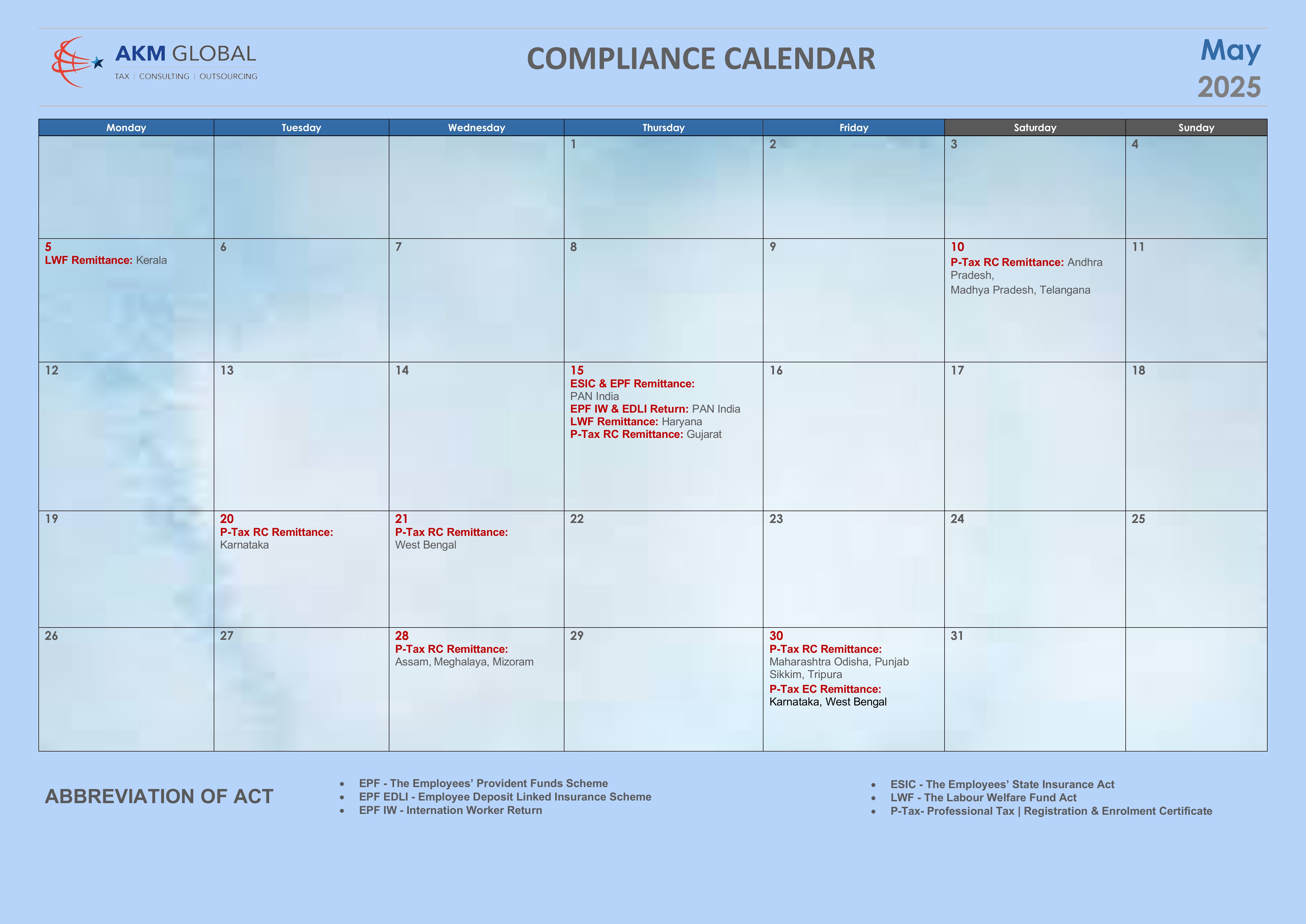 May 2025 Compliance Calendar