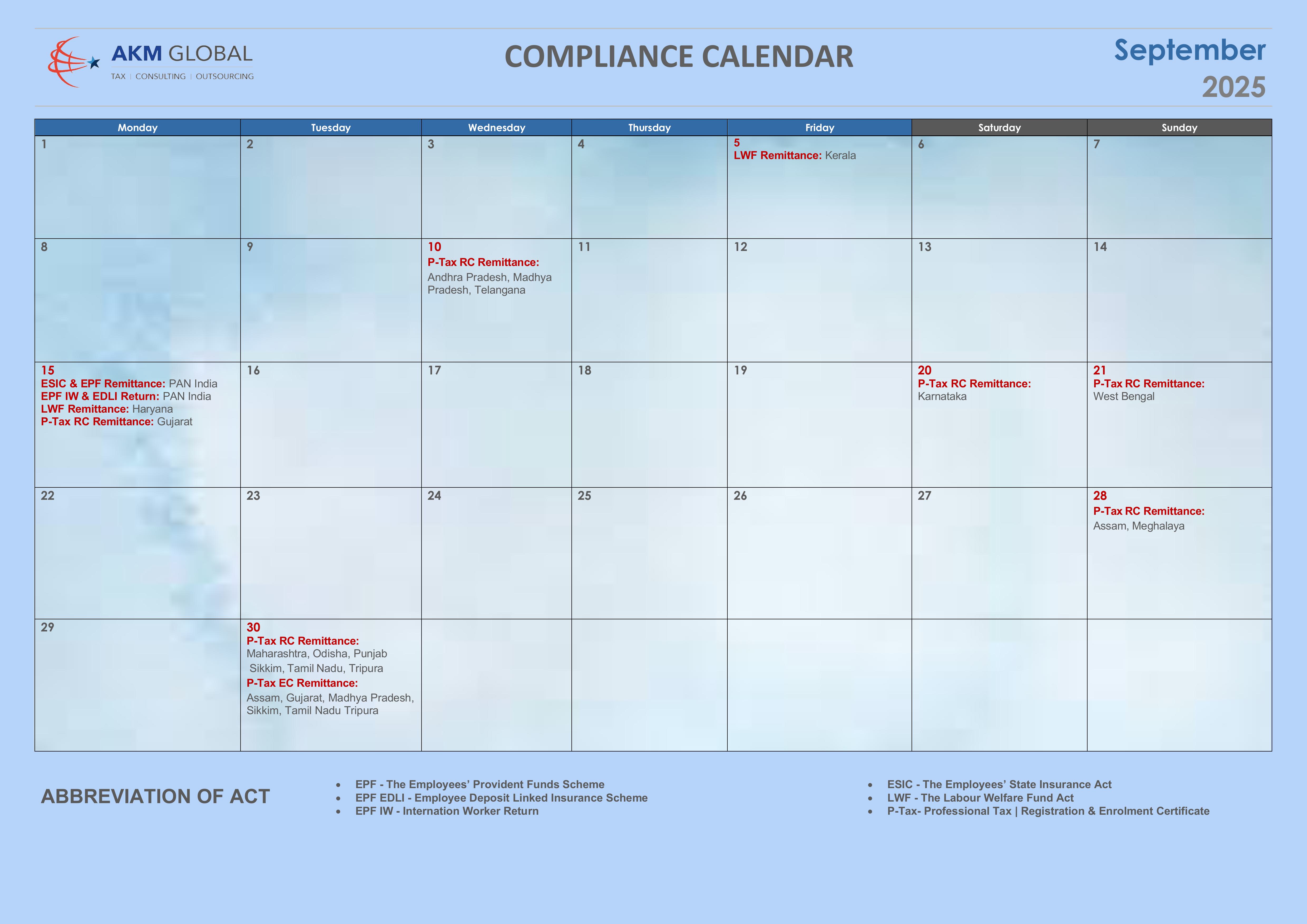 Compliance Calendar – September 2025