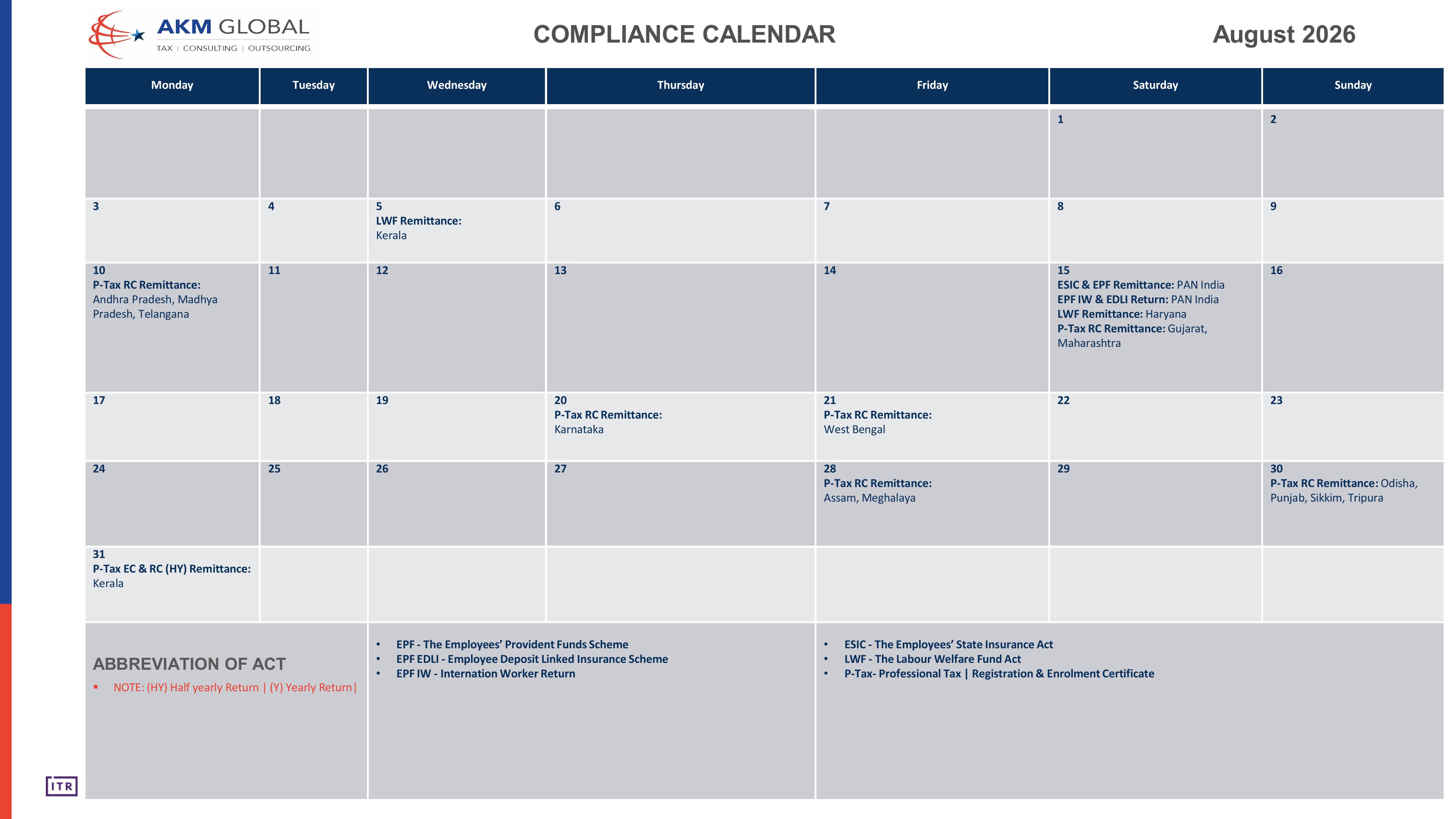 Compliance calender August 2026