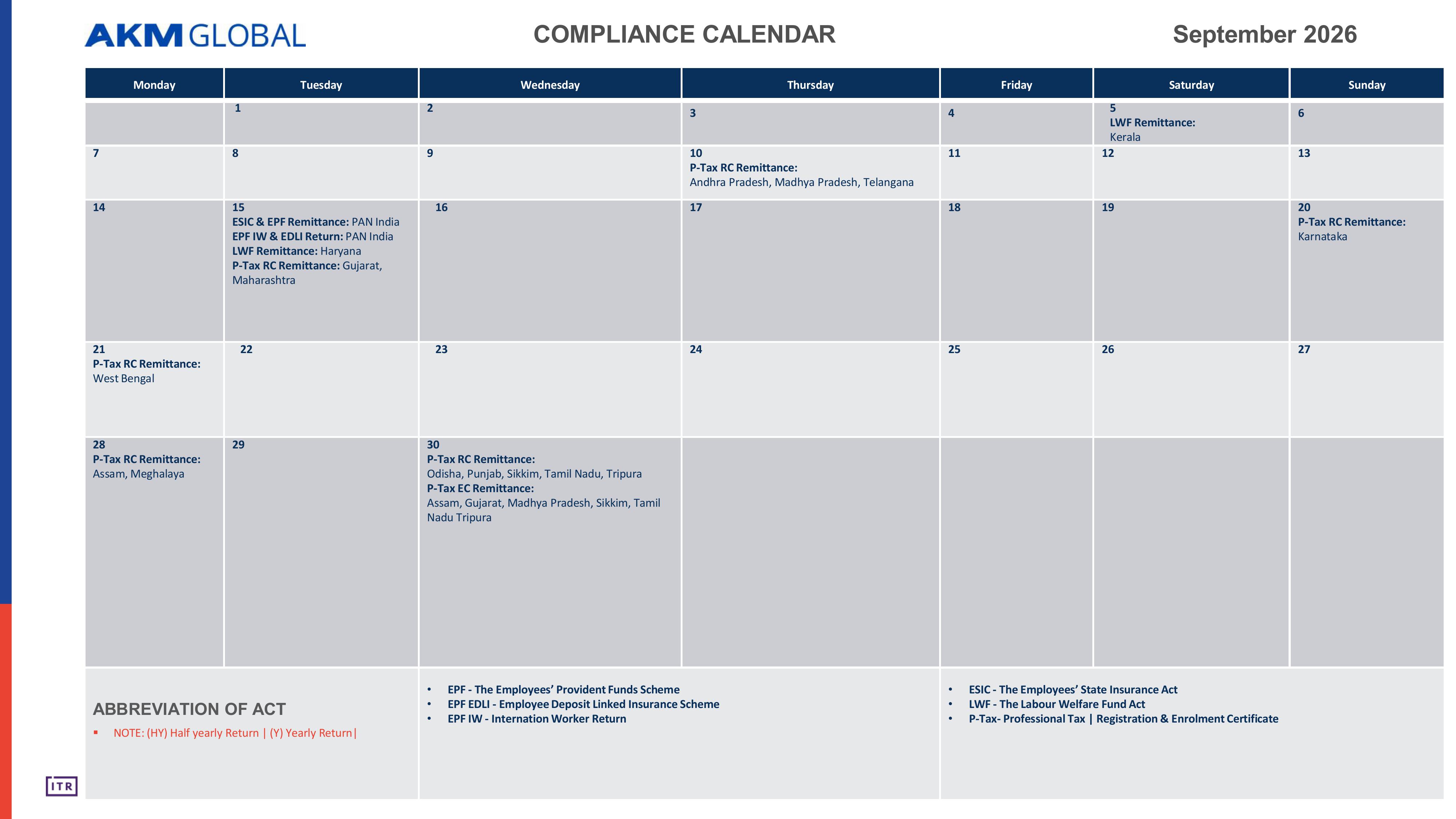 Compliance Calendar September 2026