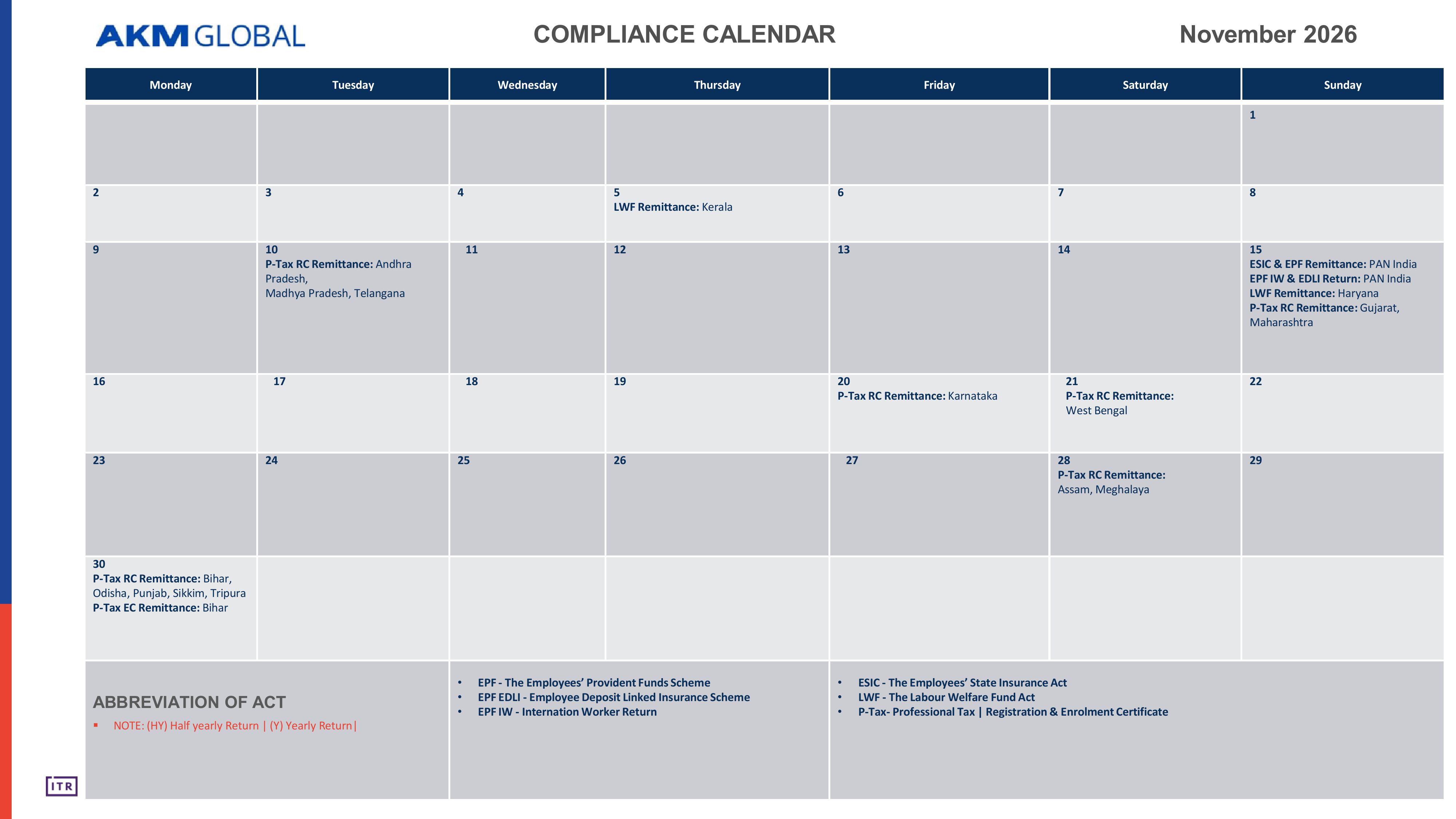 Compliance Calendar November 2026